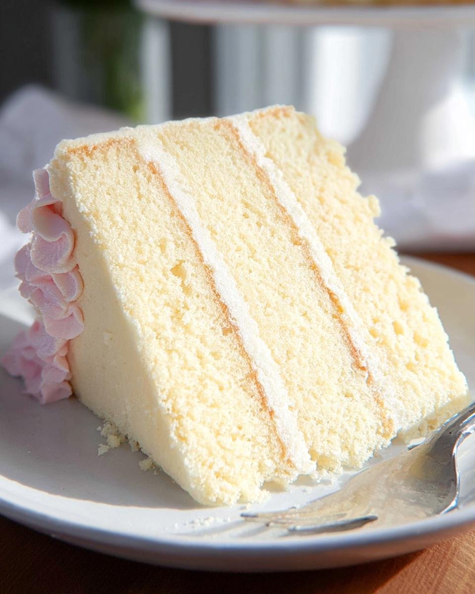 A slice of delicious vanilla cake with three layers, white frosting, and pink frosting decoration, on a white plate.