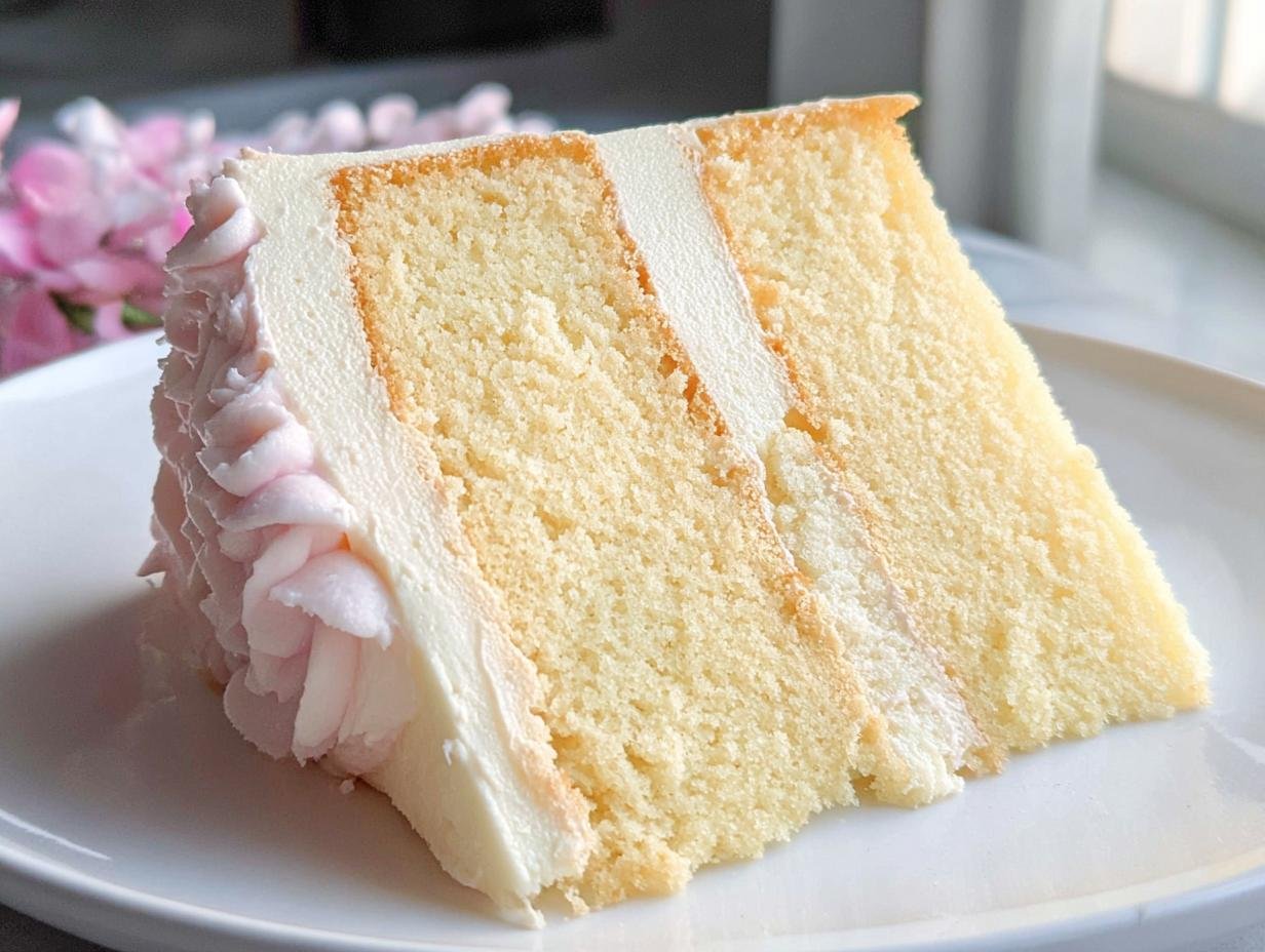 A slice of delicious vanilla cake with layers of white frosting and delicate pink frosting piping.