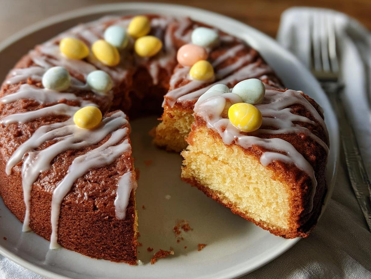 A slice of a golden Easter cake recipe, drizzled with white icing and topped with pastel chocolate eggs.