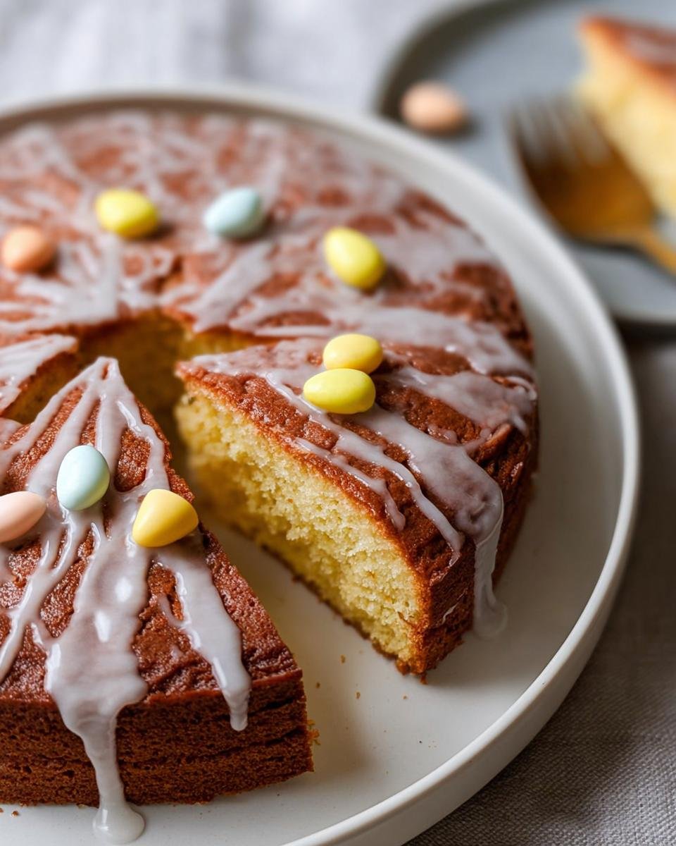 A slice of a moist Easter cake recipe, topped with white glaze and colorful candy eggs.