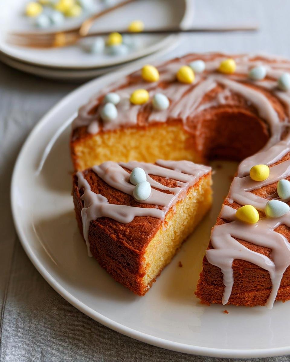 A slice of moist yellow Easter cake topped with white glaze and pastel candy eggs.
