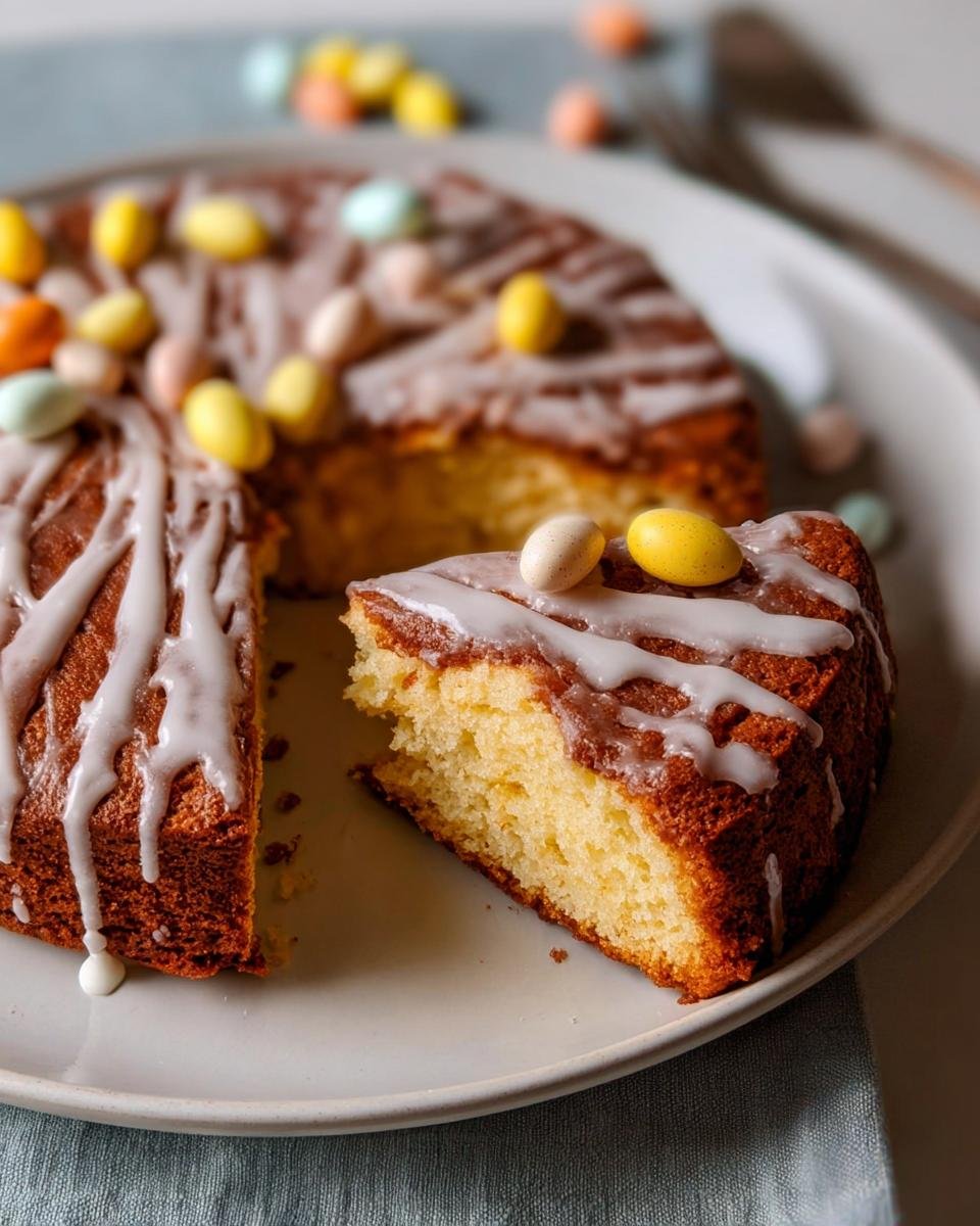 A slice of a moist Easter cake recipe, topped with white icing and colorful candy eggs.