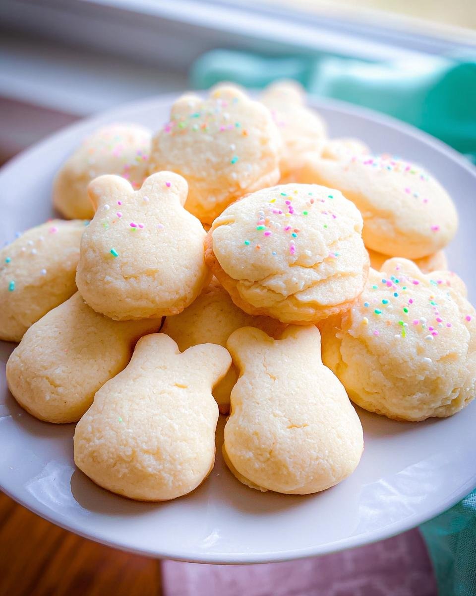 A pile of freshly baked Easter cookies, some shaped like bunnies, decorated with colorful sprinkles.