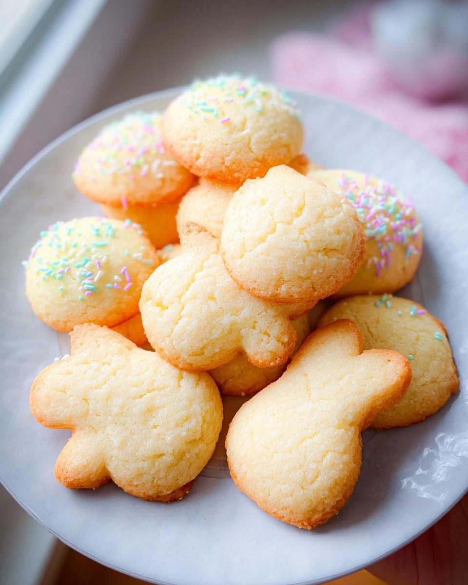 A plate of freshly baked Easter cookies, some round with colorful sprinkles and others shaped like bunnies.
