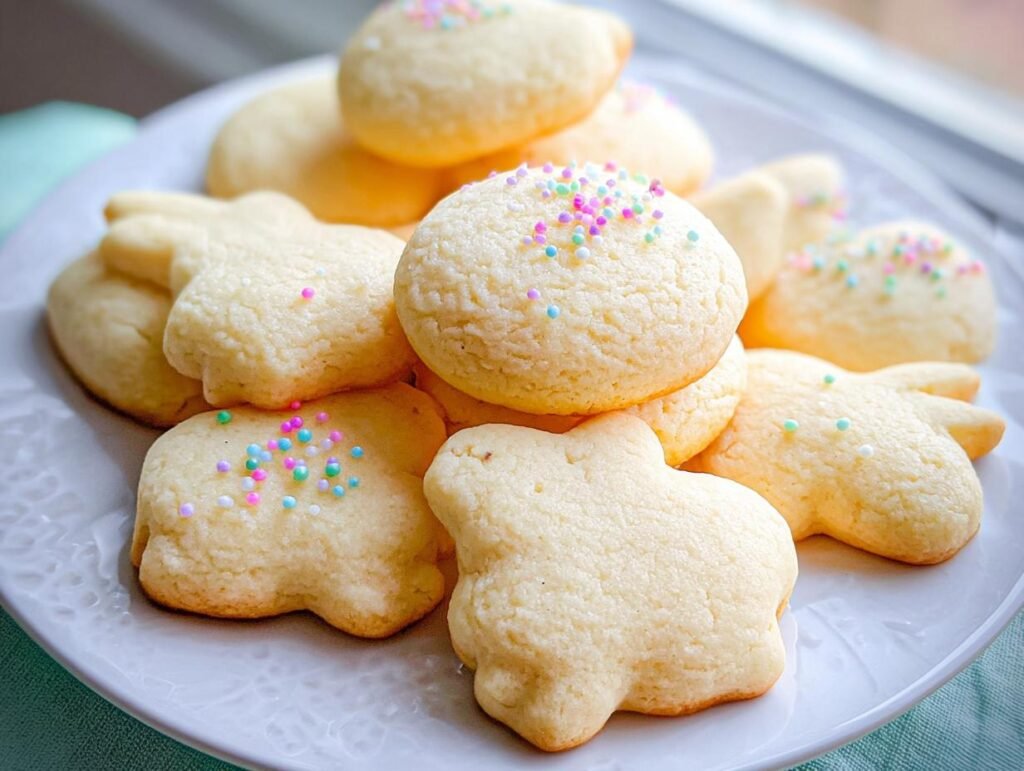 A close-up of a pile of freshly baked Easter cookies, some shaped like bunnies and others round, decorated with colorful sprinkles.