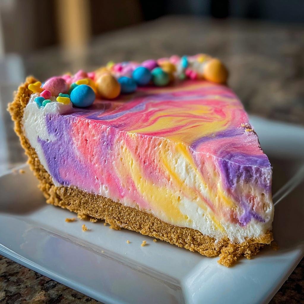 A slice of Easter Swirl Pie Recipe with colorful swirls of pink, purple, and yellow, topped with candy.