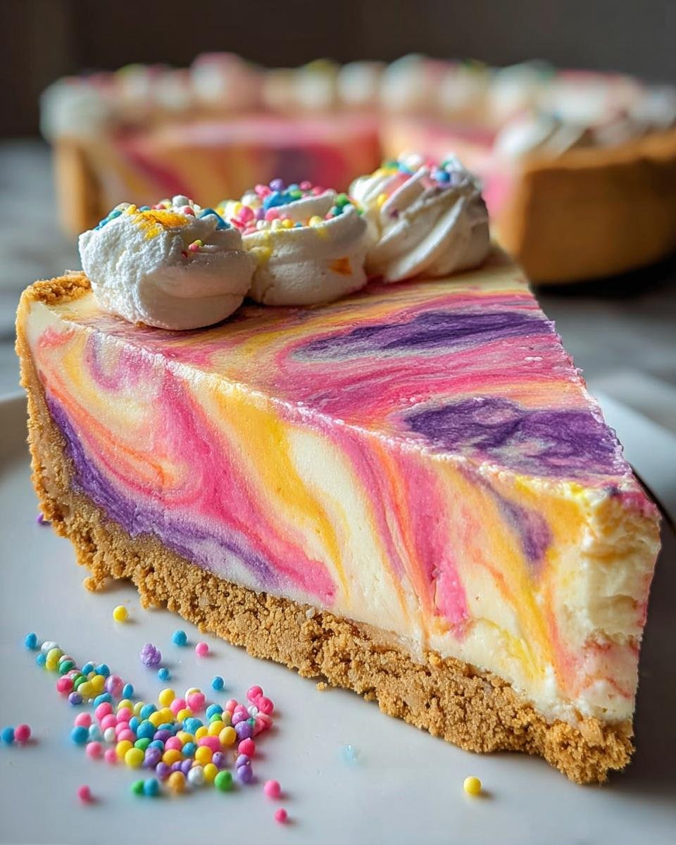 A slice of Easter swirl pie recipe with colorful swirled filling, marshmallow topping, and sprinkles.