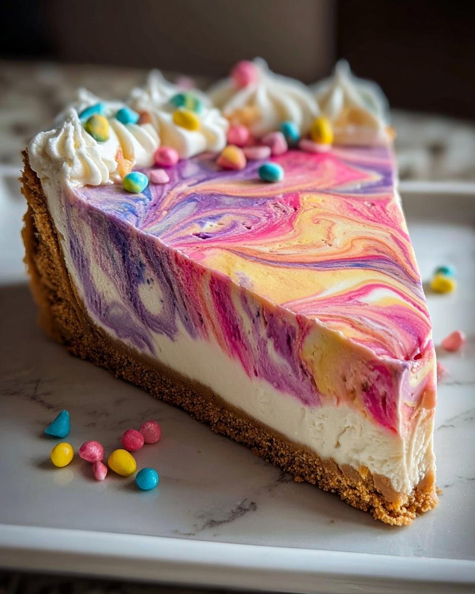 A slice of Easter Swirl Pie recipe with a colorful marbled filling, whipped cream, and candy eggs.