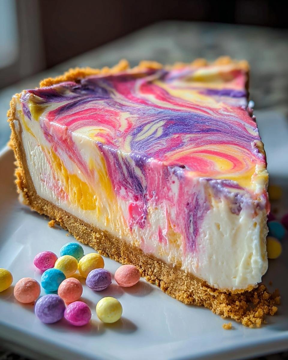 A slice of Easter Swirl Pie recipe, showcasing a creamy white filling with vibrant pink, purple, and yellow swirls, on a graham cracker crust, with pastel candies.