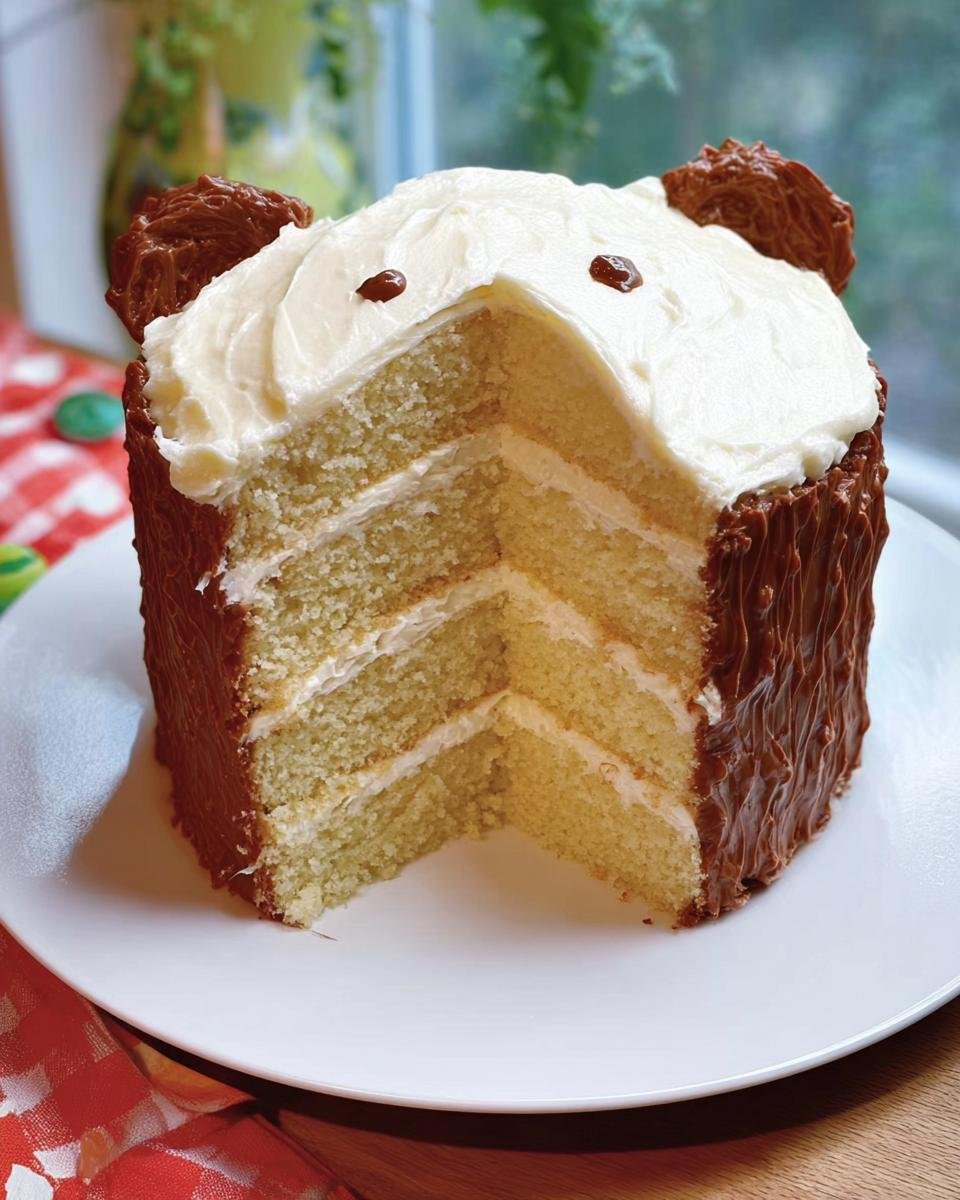 A slice of a multi-layered vanilla cake decorated to look like a bear's face, featuring chocolate ears and frosting.