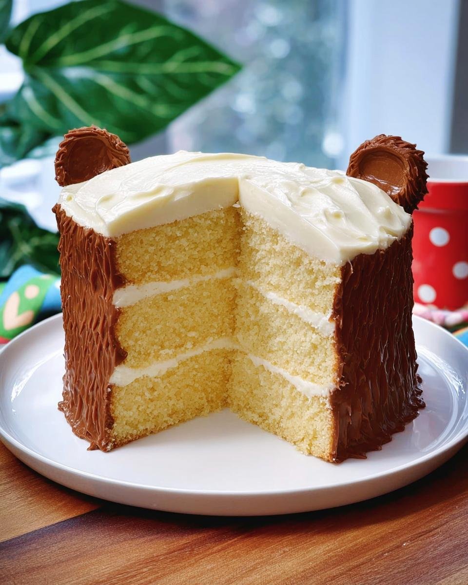 A slice of a fun bear-themed birthday cake, decorated with chocolate frosting and candy ears.