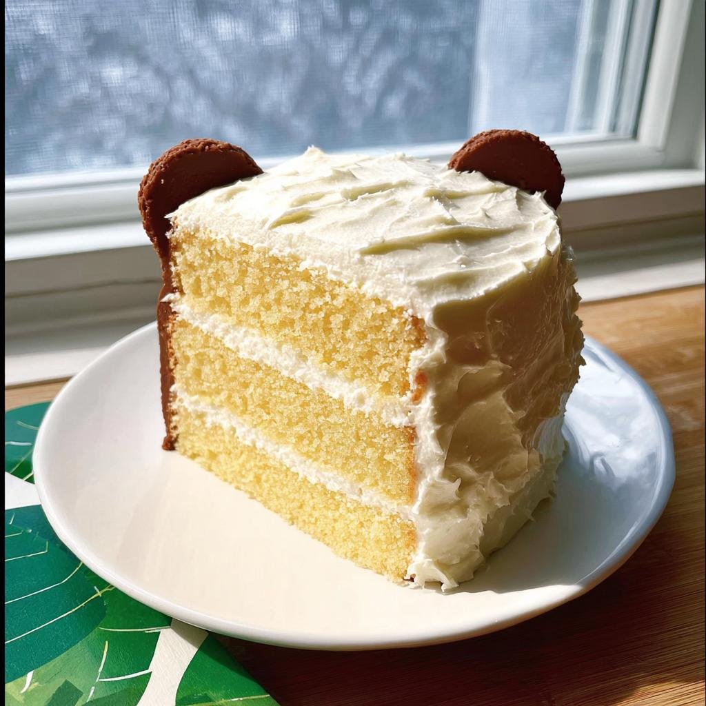 A slice of a three-layer vanilla birthday cake decorated to look like a bear's face with white frosting and cookie ears.