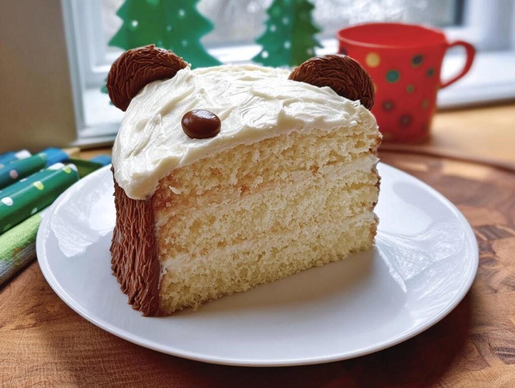A slice of a fun bear-themed birthday cake, decorated with white frosting, chocolate ears, and a chocolate chip nose.