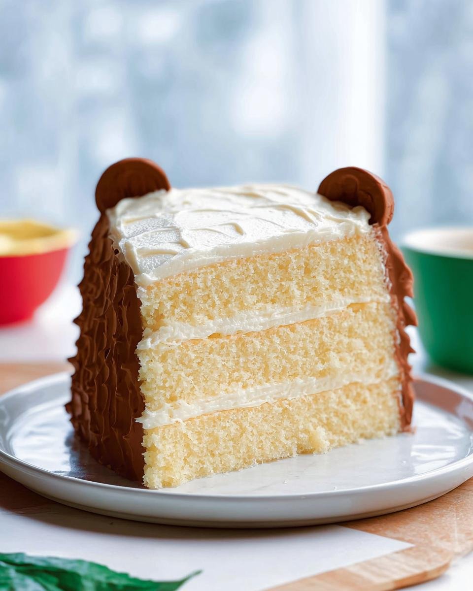 A slice of a three-layer vanilla cake decorated to look like a bear's face, with chocolate frosting and cookie ears.