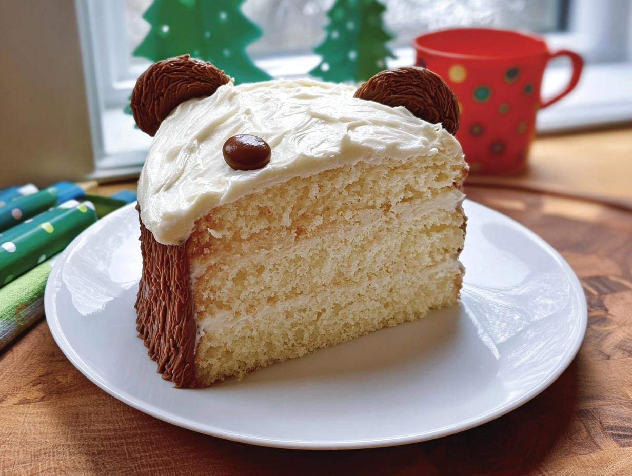 A slice of a fun bear-themed birthday cake, decorated with white frosting, chocolate ears, and a chocolate chip nose.
