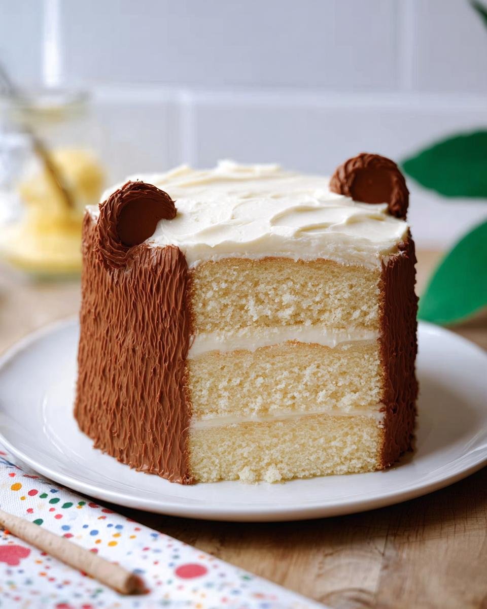 A slice of a three-layer vanilla birthday cake decorated to look like a bear's face with chocolate frosting ears.