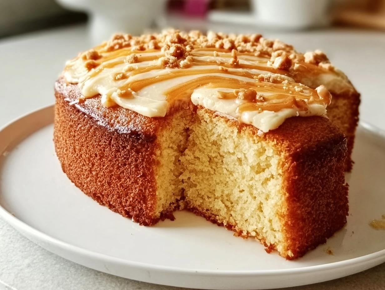 A slice of an easy cake recipe, topped with creamy frosting, caramel drizzle, and crunchy crumbs.