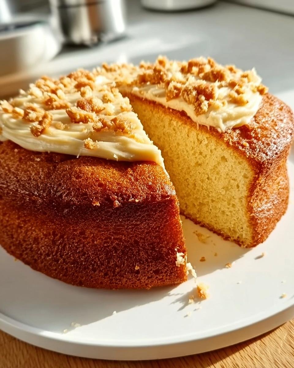 A slice of an easy cake recipe, topped with creamy white frosting and sprinkled with crunchy crumble.