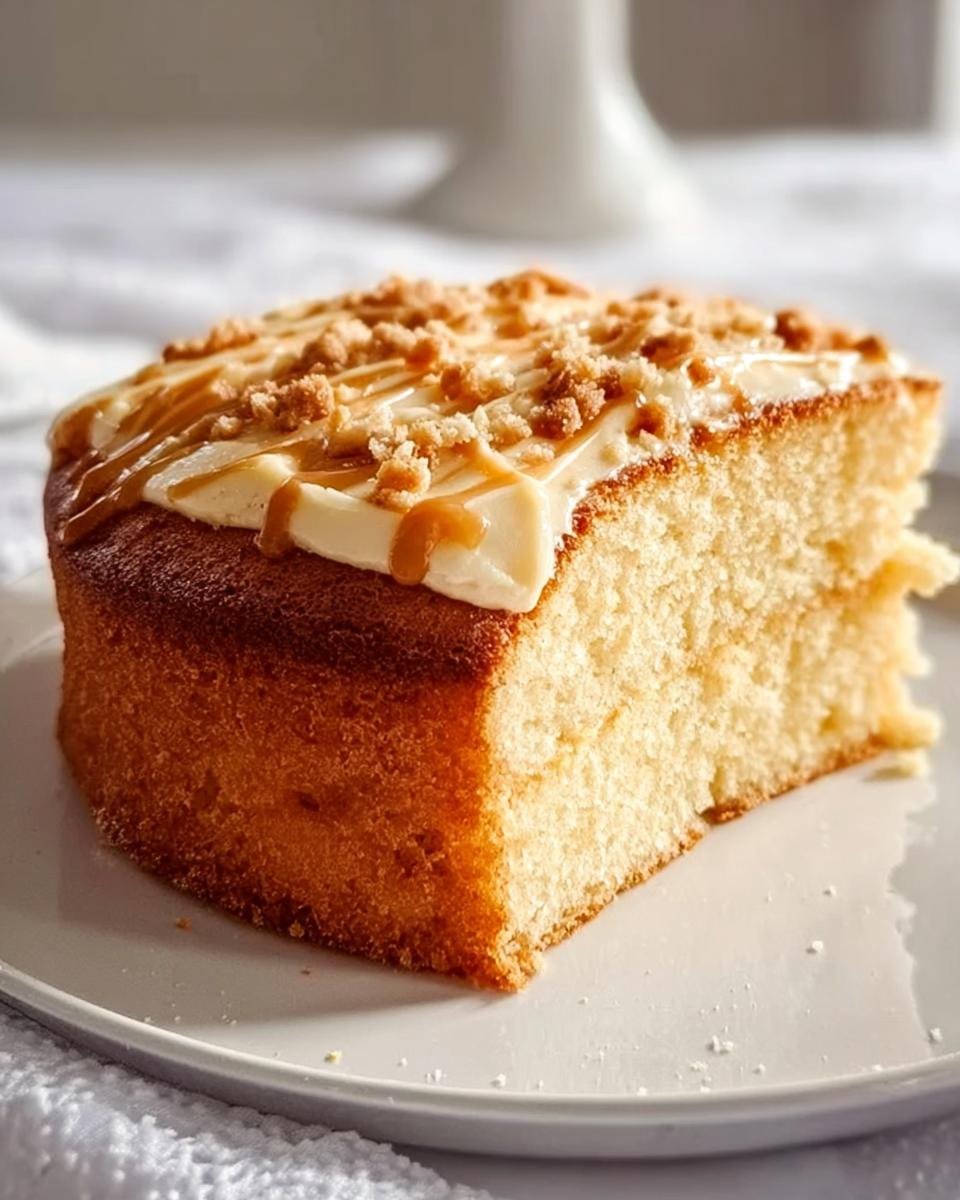 A tempting slice of an easy cake recipe, topped with creamy frosting, caramel drizzle, and crumble.