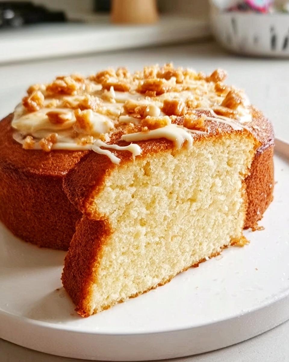 A slice of a moist and fluffy easy cake recipe, topped with frosting and crunchy bits.