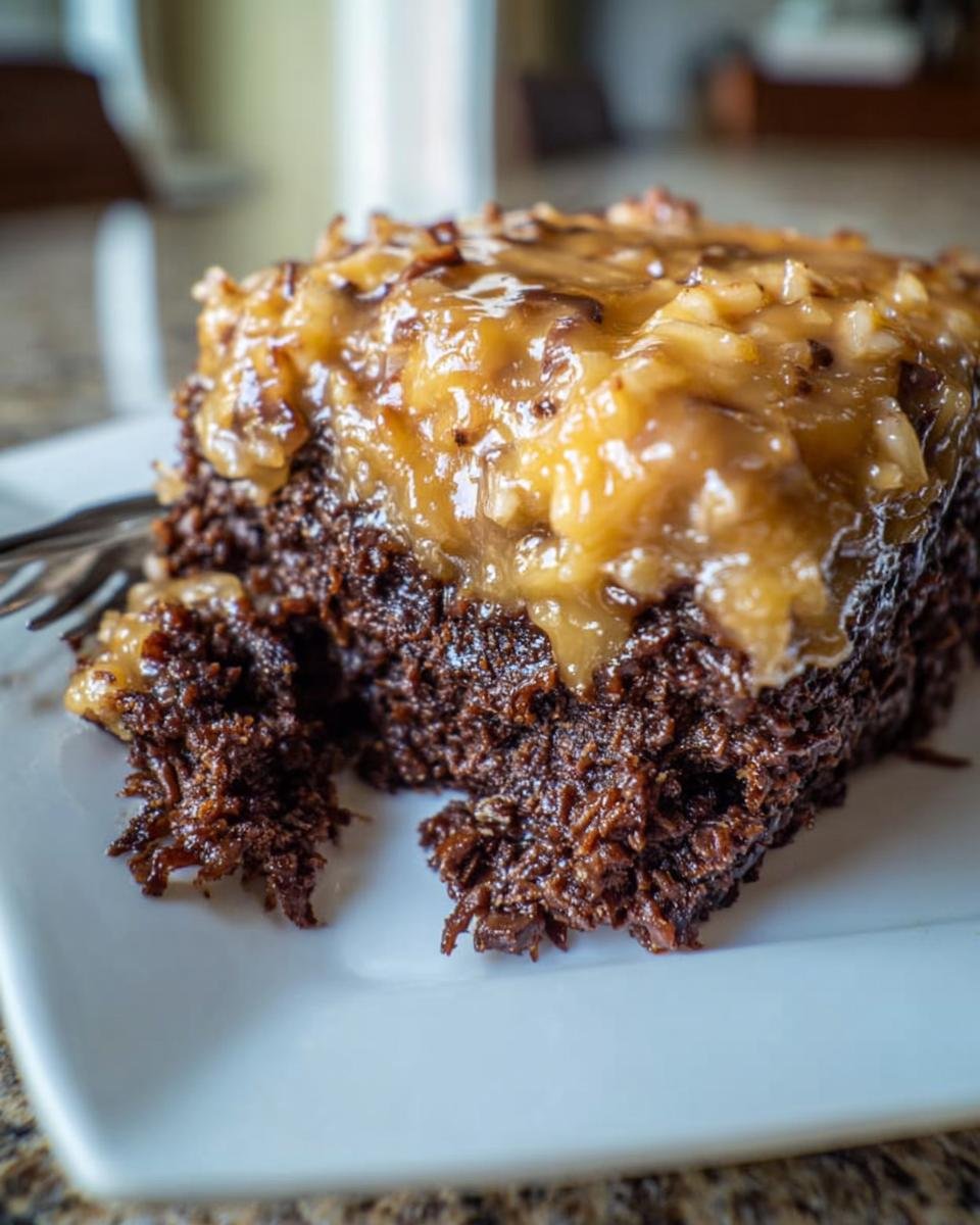 A decadent slice of Easy German Chocolate Poke Cake with rich chocolate cake and coconut pecan frosting.