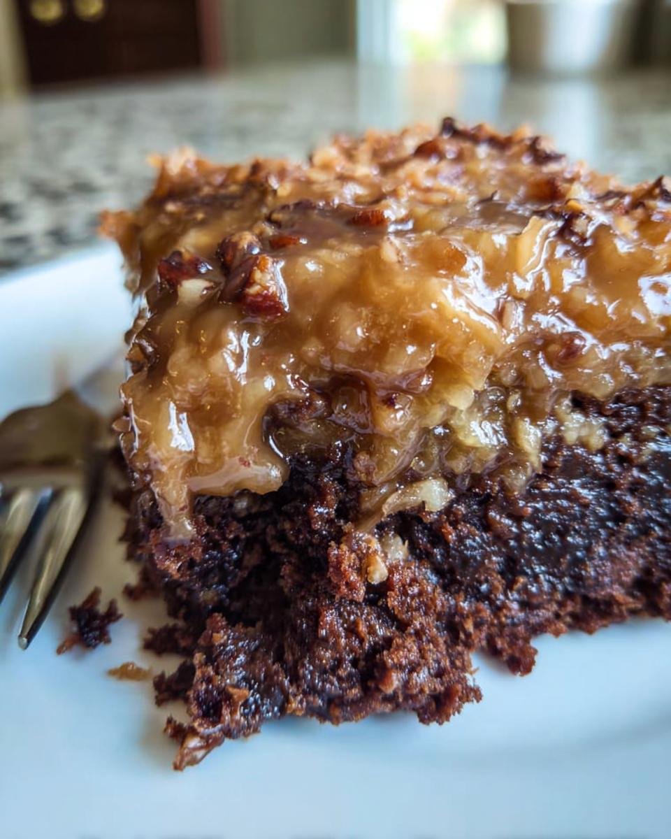 A close-up of a decadent slice of Easy German Chocolate Poke Cake, showing the moist chocolate cake and gooey coconut-pecan frosting.