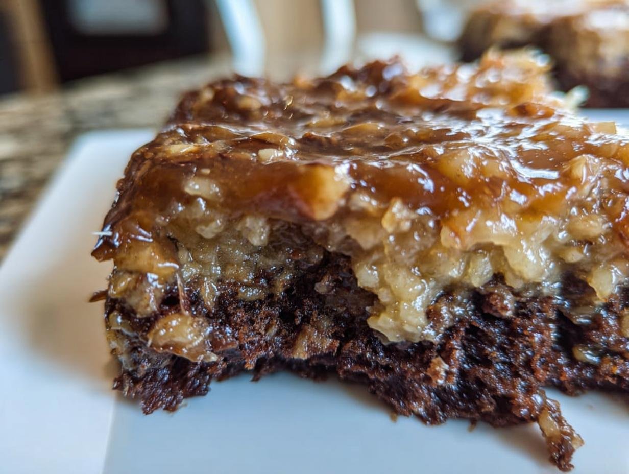 Close-up of a rich slice of Easy German Chocolate Poke Cake with gooey coconut pecan frosting.