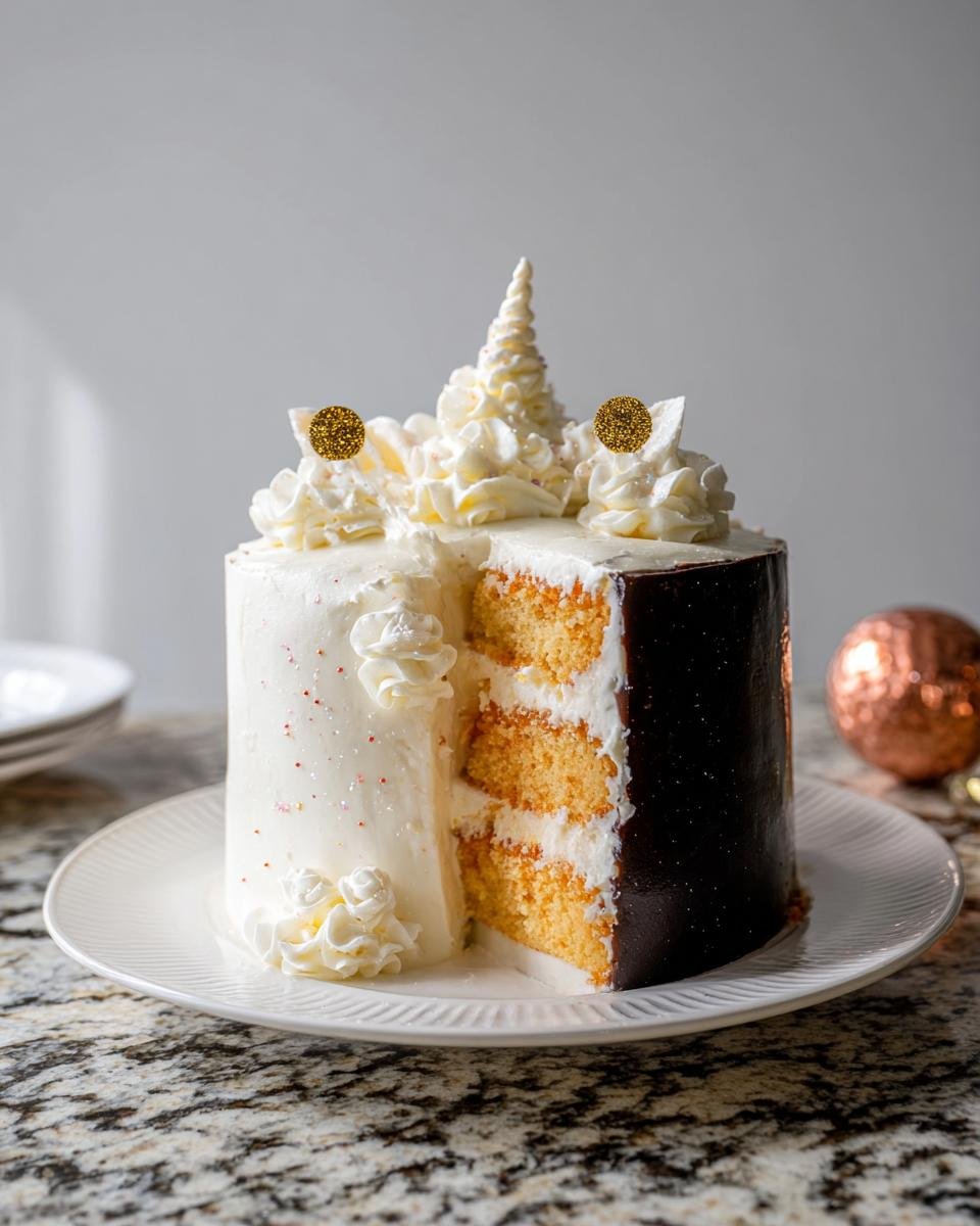 A slice of the Eve Sparkle Cake, showcasing layers of sponge and frosting, decorated with swirls and gold glitter.