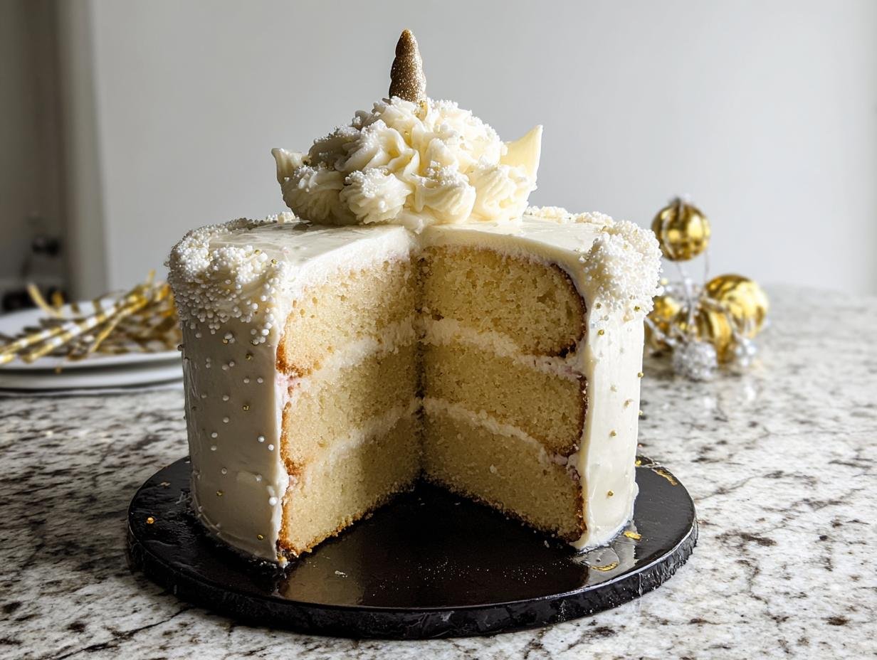 A slice of the Eve Sparkle Cake, revealing layers of white cake and frosting, topped with a golden horn and festive sprinkles.