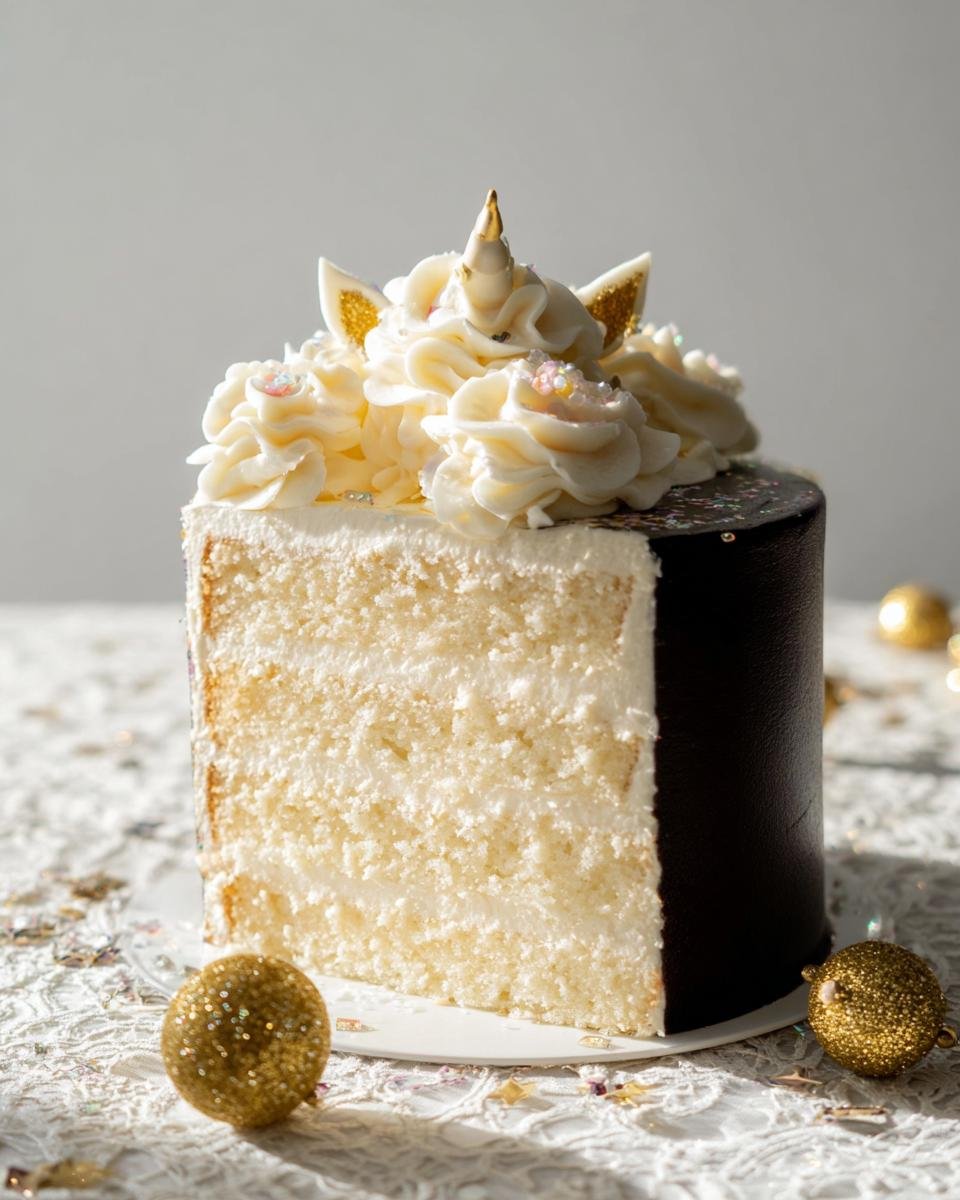 A slice of the Eve Sparkle Cake, featuring white cake layers, cream frosting, and unicorn horn decoration.