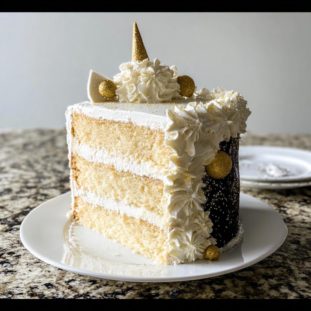 A slice of Eve Sparkle Cake, featuring layers of white cake and cream frosting, decorated with a gold unicorn horn and edible gold balls.