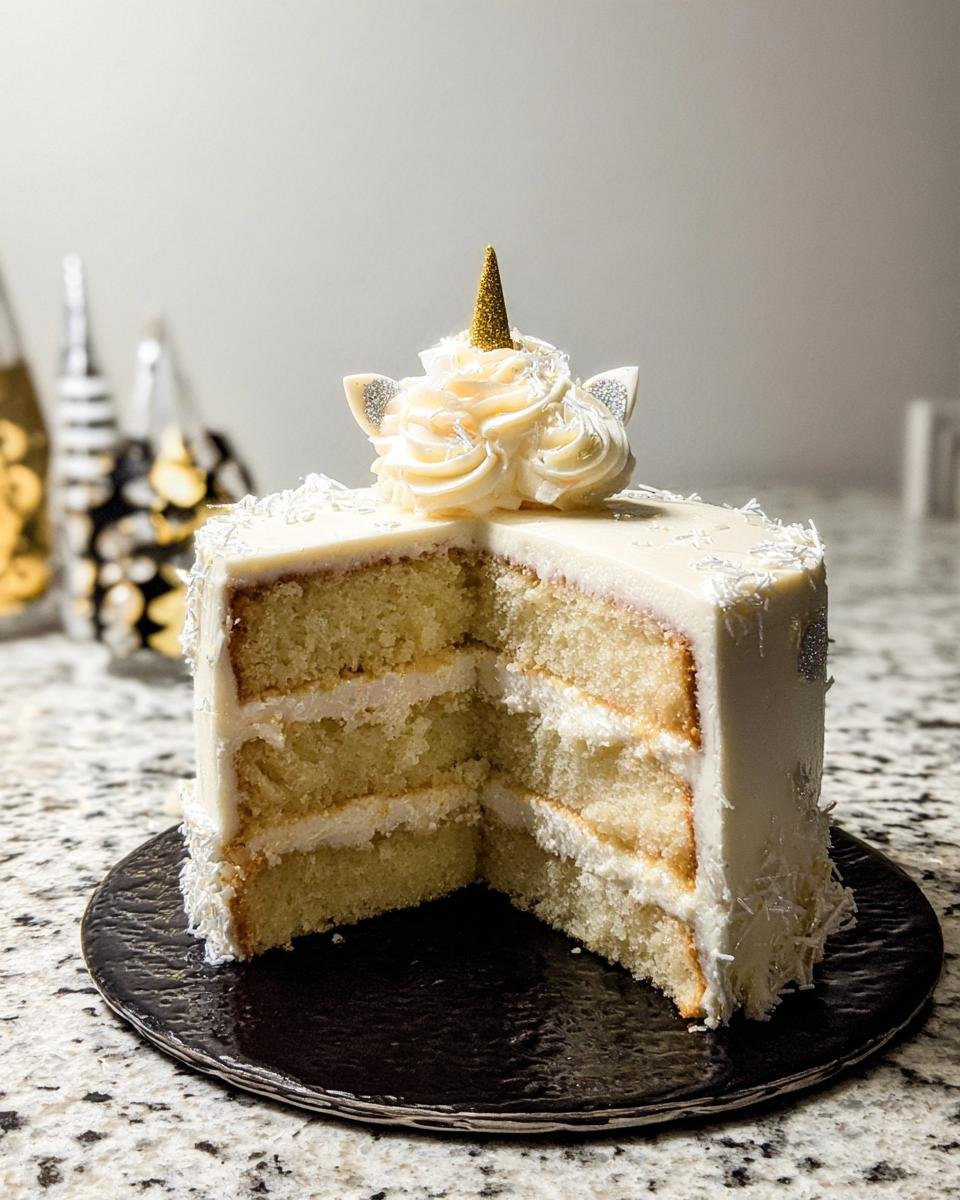 A slice of Eve Sparkle Cake, a white frosted cake with unicorn horn and ears decoration.