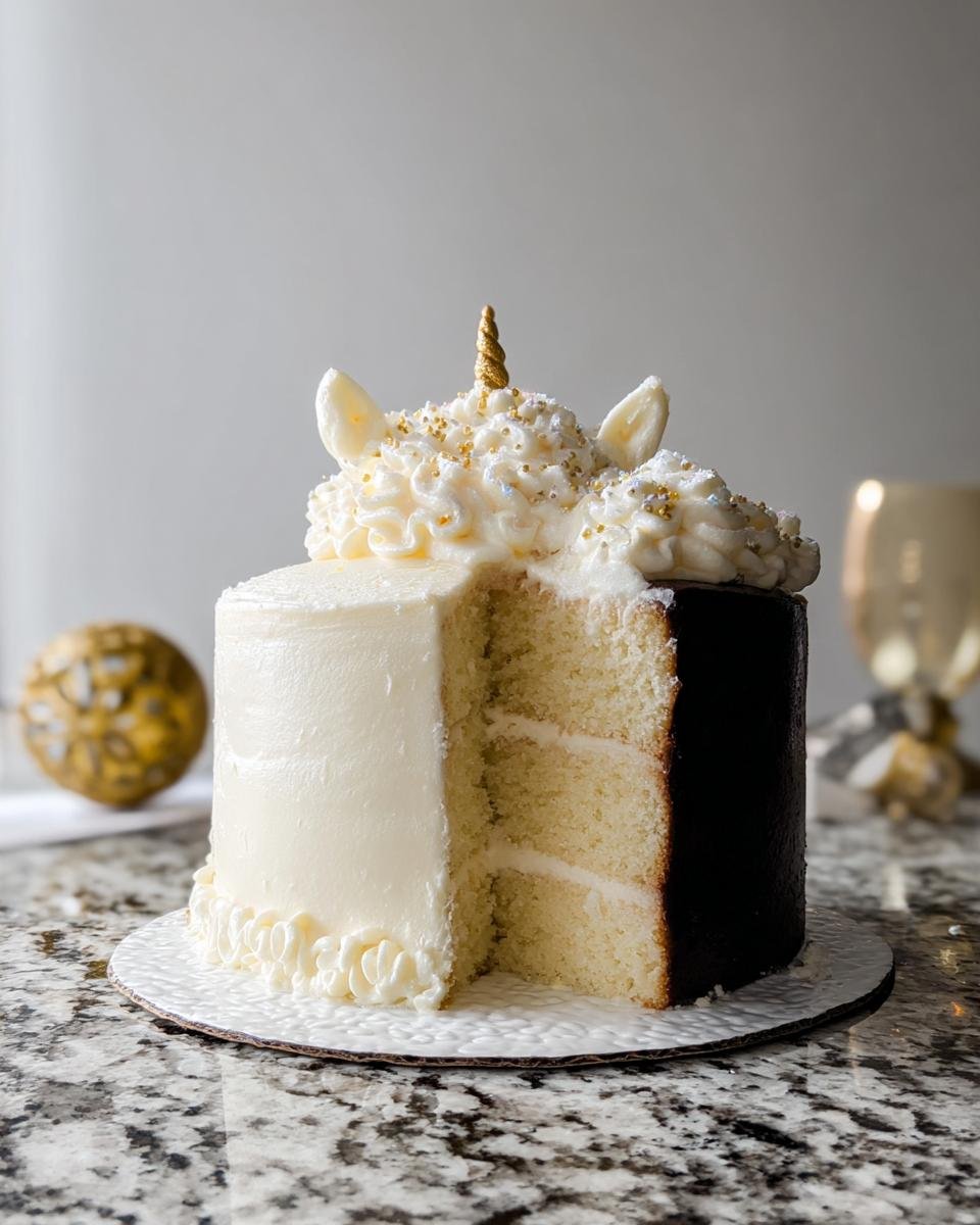 A slice of the Eve Sparkle Cake, featuring a unicorn horn and ears, with white and dark chocolate frosting.