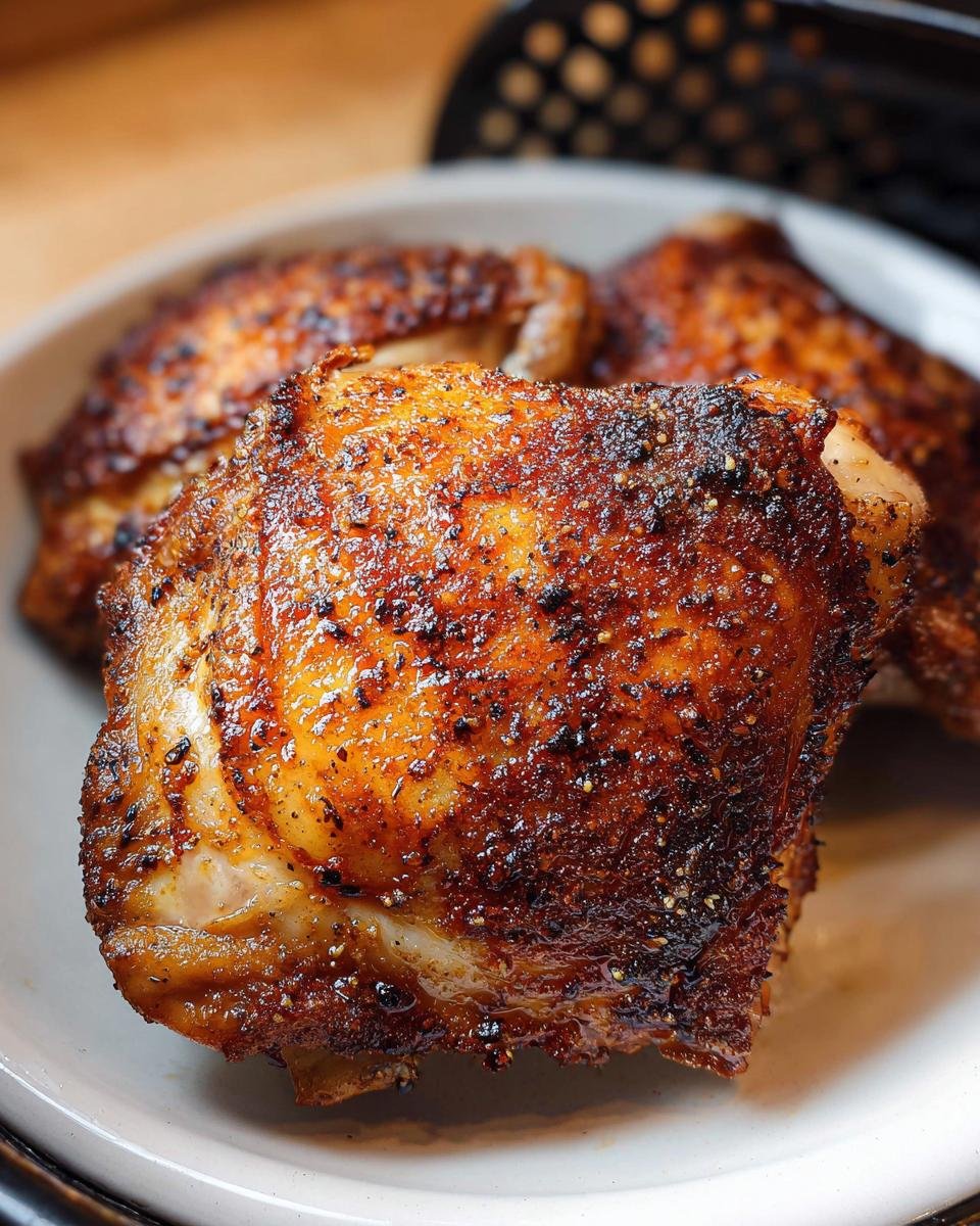 Close-up of perfectly seasoned and extra crispy Air Fryer Chicken Thighs with a deep golden-brown skin.
