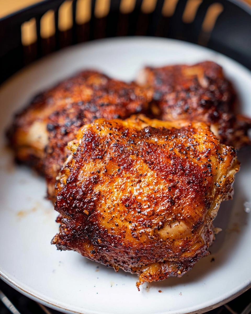 Close-up of perfectly cooked Air Fryer Chicken Thighs Extra Crispy with dark, seasoned skin.