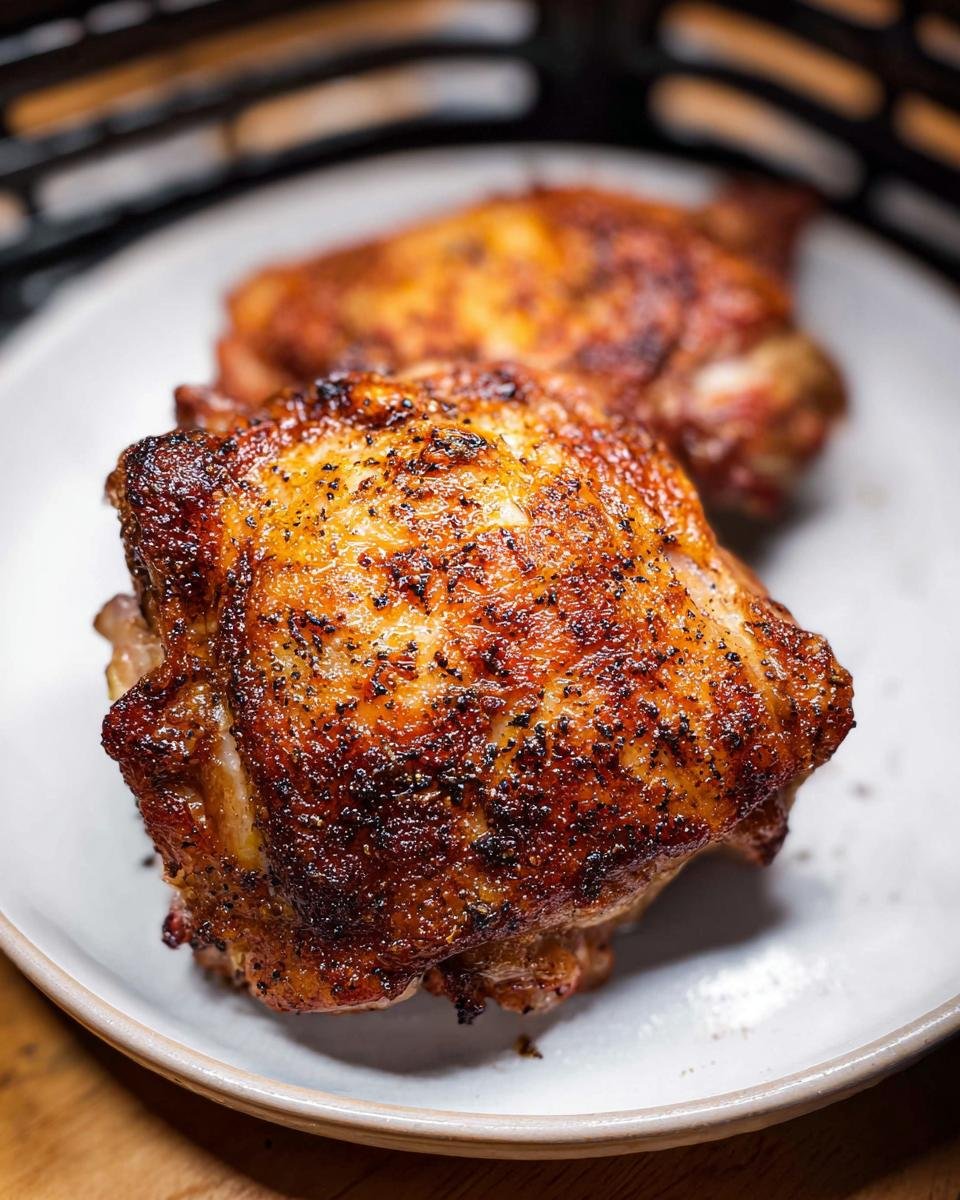 Close-up of two perfectly cooked Air Fryer Chicken Thighs Extra Crispy with dark, seasoned skin on a white plate.