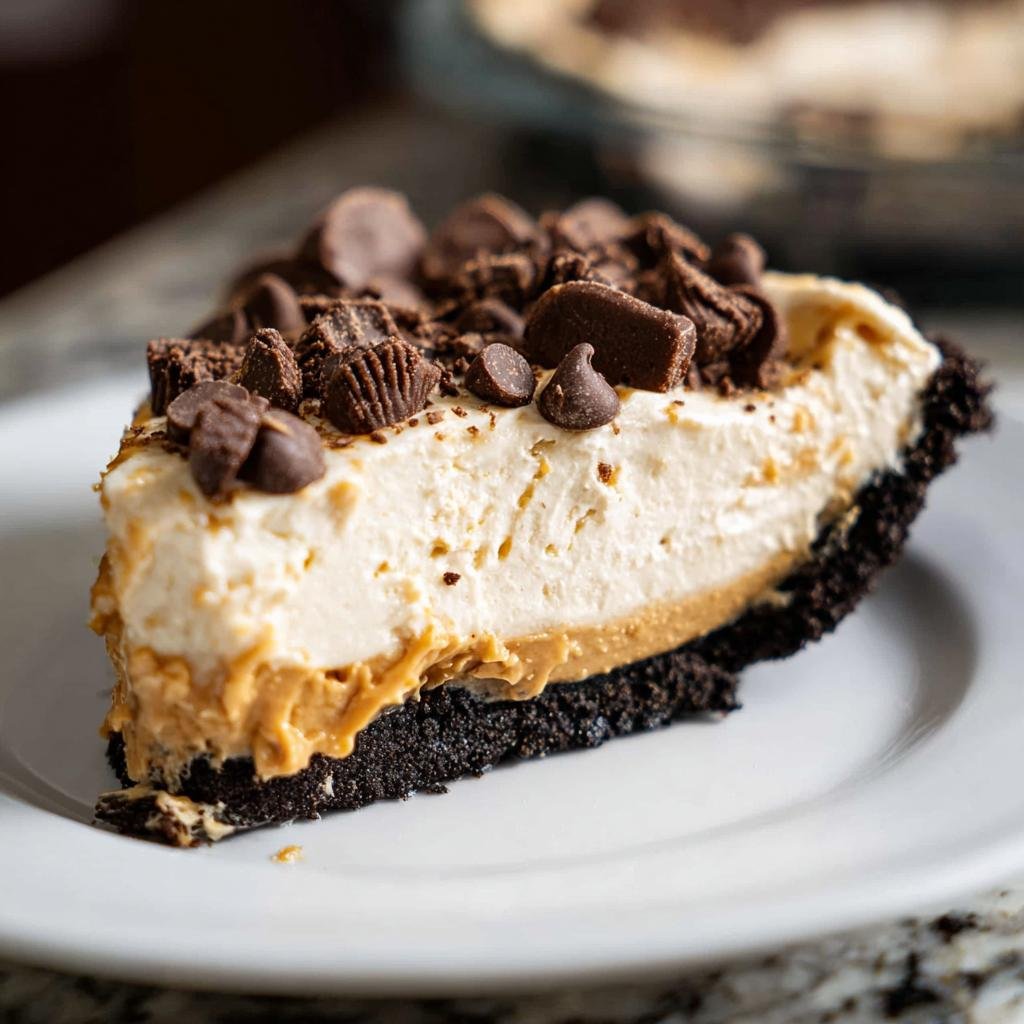 A slice of delicious peanut butter pie, topped with chocolate pieces and peanut butter cup crumbles.