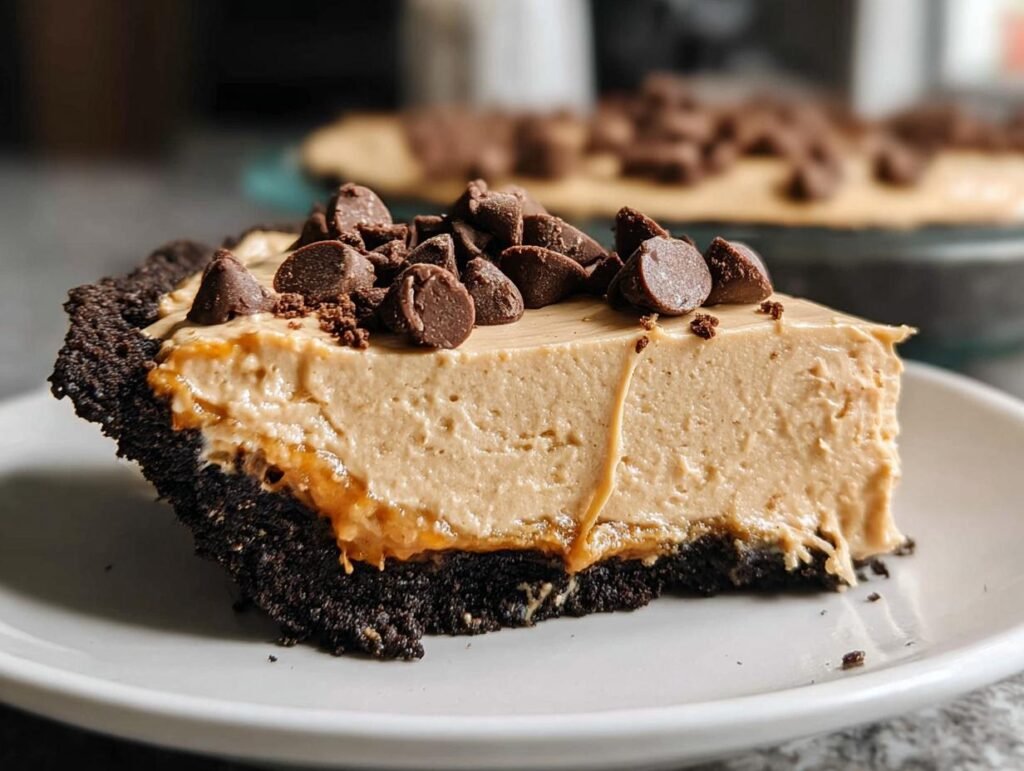 A decadent slice of peanut butter pie, featuring a chocolate cookie crust and topped with chocolate chips.