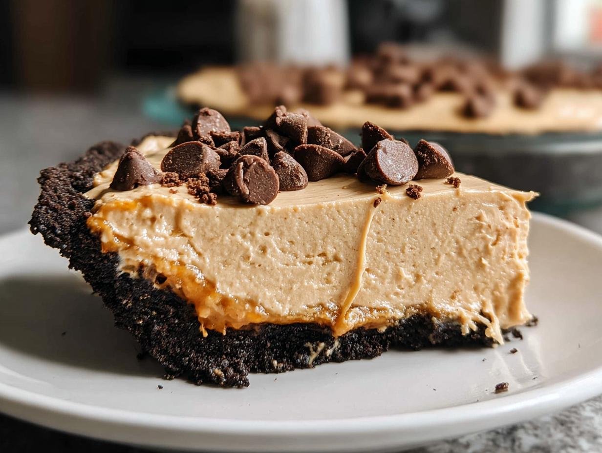 A decadent slice of peanut butter pie, featuring a chocolate cookie crust and topped with chocolate chips.