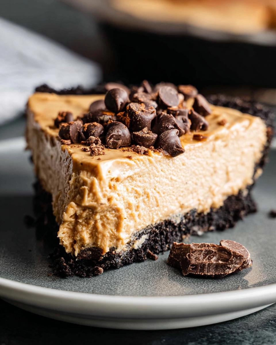 A decadent slice of Favorite No Bake Peanut Butter Pie, topped with chocolate chips and cookie crumbs.