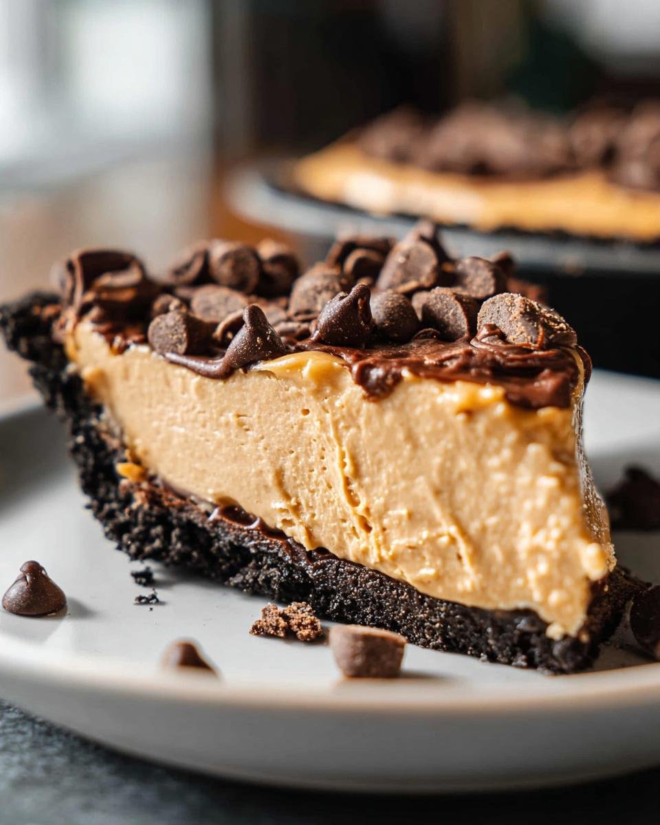 A decadent slice of no bake peanut butter pie, topped with chocolate chips and a chocolate drizzle.