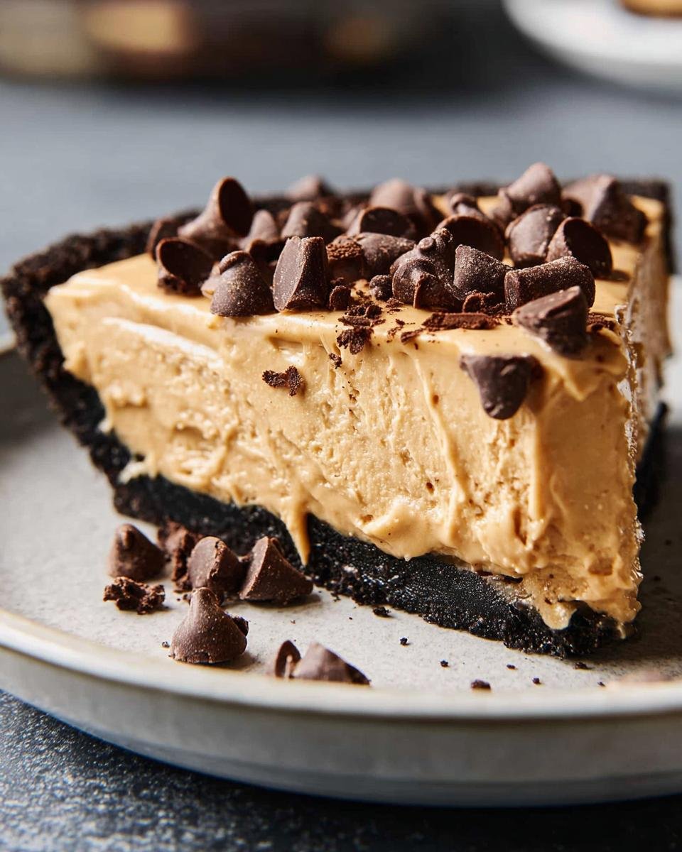 A decadent slice of Favorite No Bake Peanut Butter Pie, topped with chocolate chips, on a gray plate.