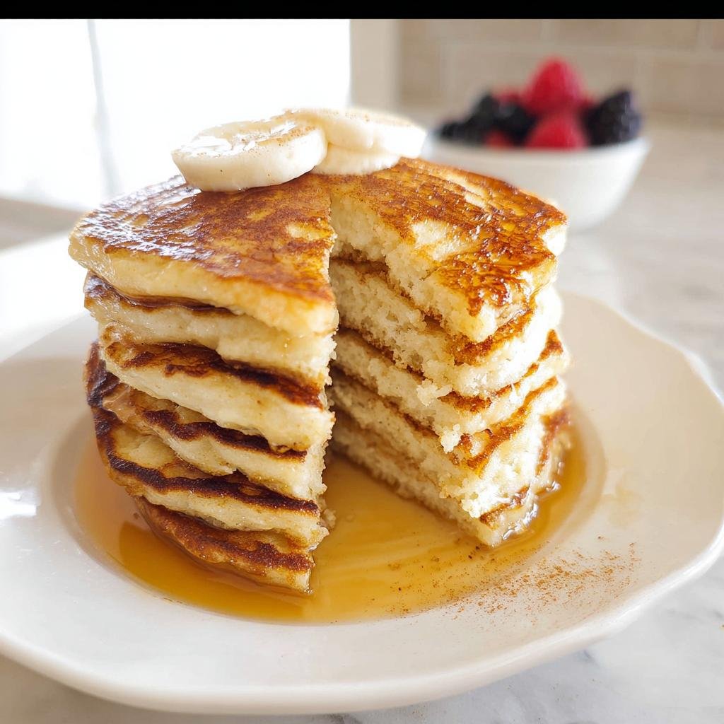 A tall stack of fluffy Protein Pancakes Fluffy cut open to show the airy texture, topped with banana slices and syrup.