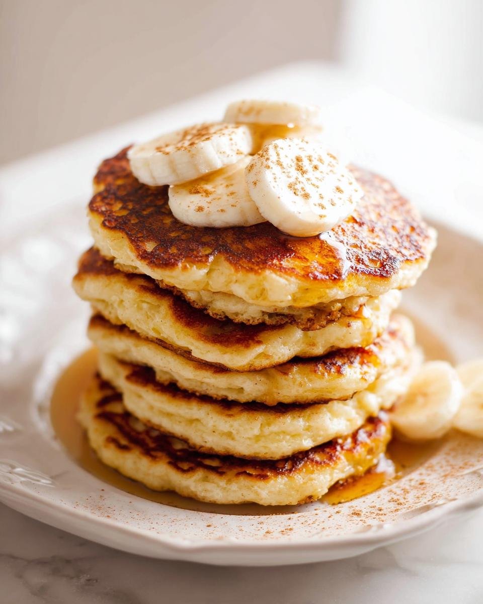 A tall stack of fluffy Protein Pancakes Fluffy topped with sliced bananas and cinnamon, drizzled with syrup.