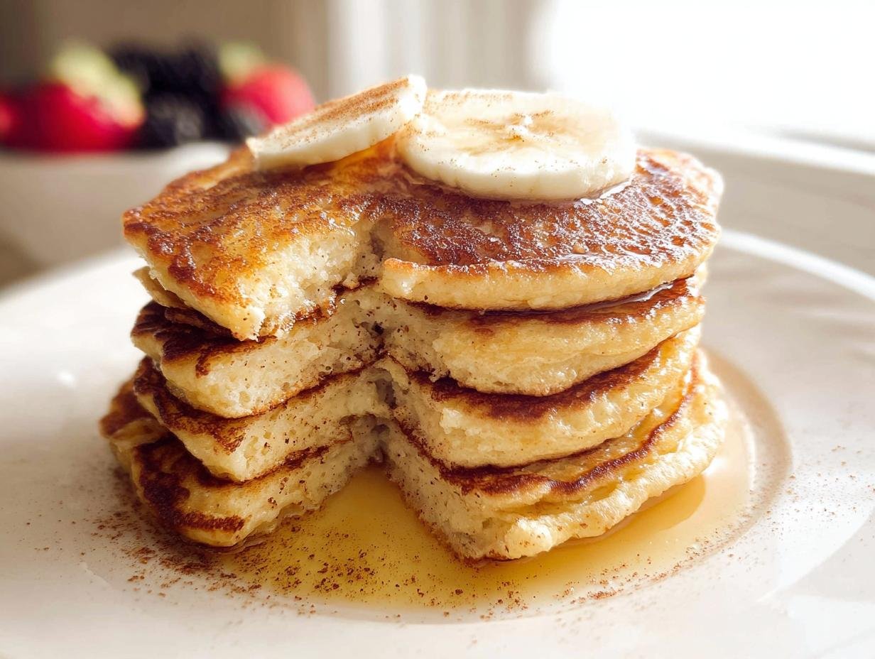 A tall stack of fluffy Protein Pancakes Fluffy drizzled with syrup and topped with banana slices and cinnamon.