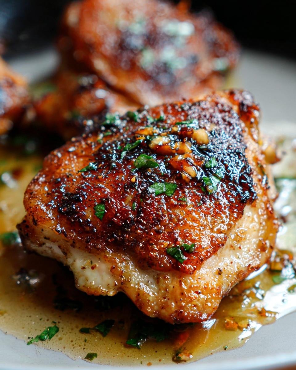 Close-up of a perfectly seared Garlic Butter Chicken Thighs Juicy with crispy skin, resting in savory butter sauce.