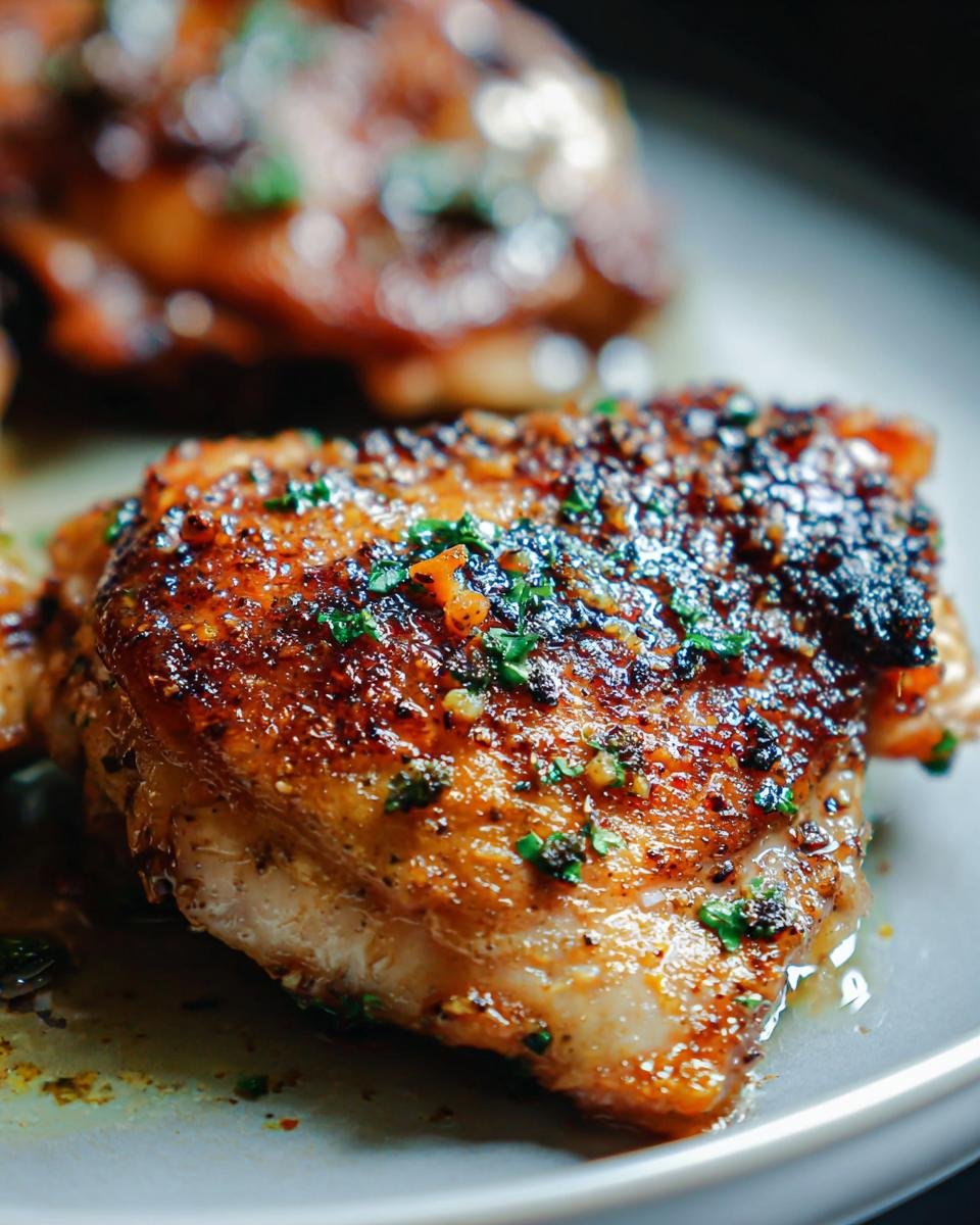 A close-up of a perfectly cooked, juicy Garlic Butter Chicken Thighs with a browned, herb-flecked crust.