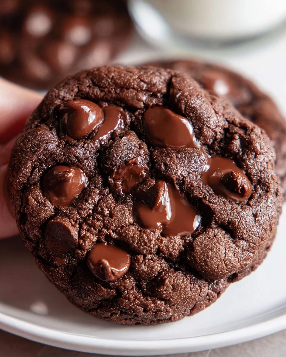 Close-up of a rich, dark chocolate cookie loaded with melted chocolate chips, showing the gooey texture of the Two Chip Chocolate Chip Cookies.