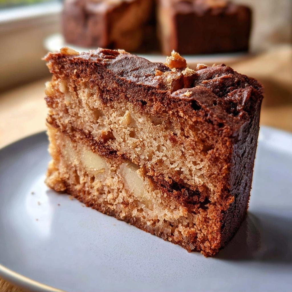 A slice of moist apple cake with visible apple chunks and a chocolate swirl, part of a healthy cake recipe.