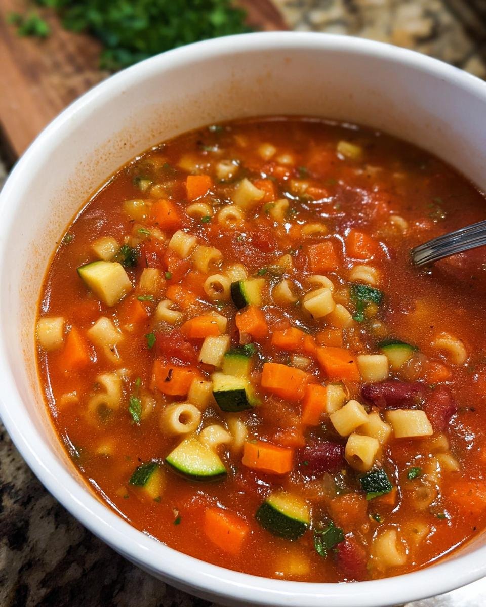 Close-up of a white bowl filled with Hearty Minestrone Soup One Pot, showing diced carrots, zucchini, pasta, and beans.